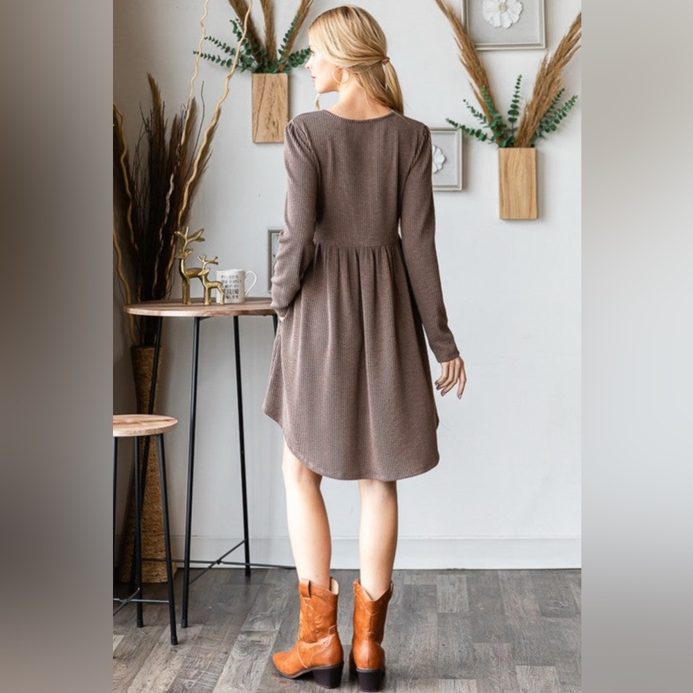 HEIMISH Chocolate Long Sleeve Solid Urban Ribbed Babydoll Mini Dress w/Pockets - Picture 3 of 6
